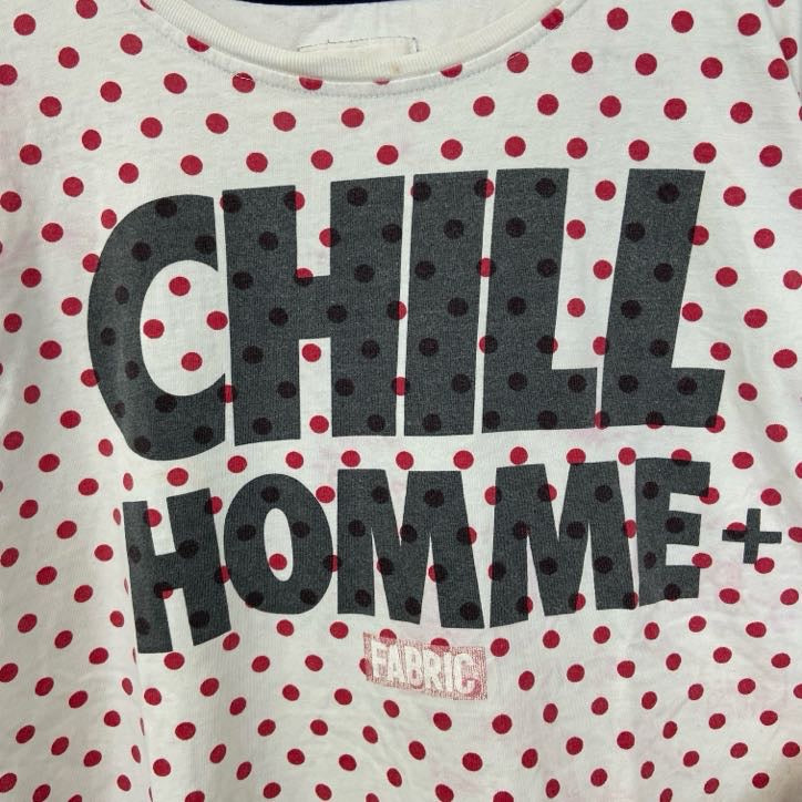 古着 used　半袖ロゴプリントクルーネックTシャツ　ドット柄　水玉模様　CHILL HOMME　白　赤　レトロデザイン
