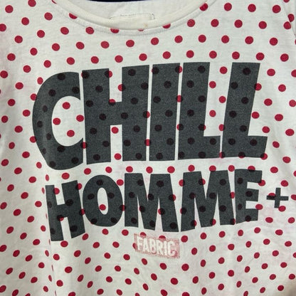 古着 used　半袖ロゴプリントクルーネックTシャツ　ドット柄　水玉模様　CHILL HOMME　白　赤　レトロデザイン