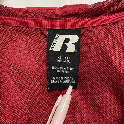 古着 used　RUSSELL　長袖ジップアップナイロンジャケット　フード付き　バイカラー　赤　黒　ビッグシルエット　XLサイズ