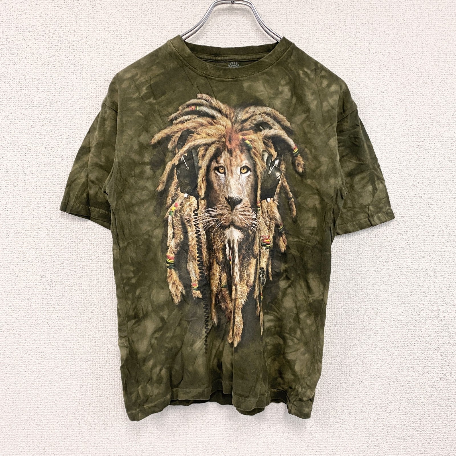 THE MOUNTAIN　ザマウンテン　半袖アニマルプリントTシャツ　タイダイ柄　カーキ　XLサイズ