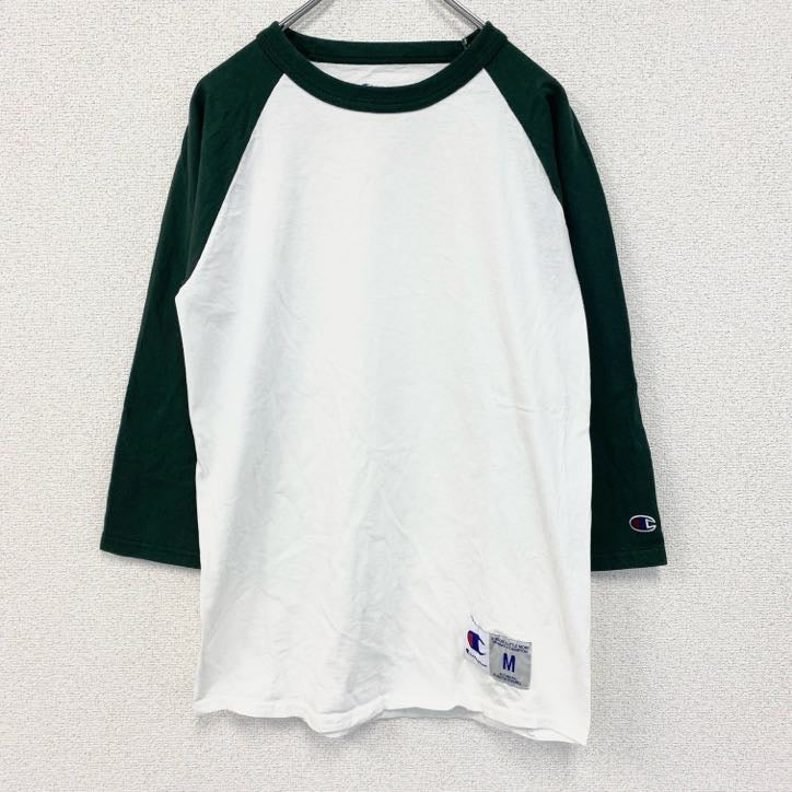 古着 used　champion チャンピオン　長袖七分袖Tシャツ　緑　白　バイカラー　ノームコア　クルーネック　Mサイズ