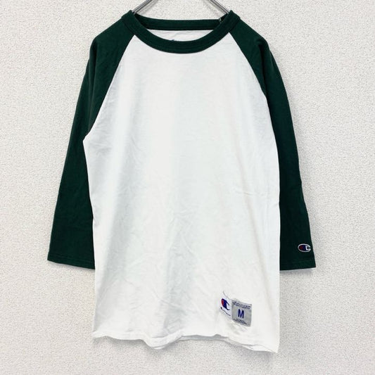 古着 used　champion チャンピオン　長袖七分袖Tシャツ　緑　白　バイカラー　ノームコア　クルーネック　Mサイズ