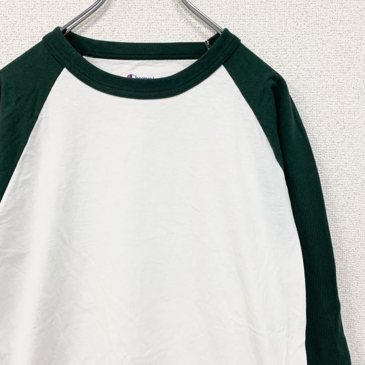 古着 used　champion チャンピオン　長袖七分袖Tシャツ　緑　白　バイカラー　ノームコア　クルーネック　Mサイズ