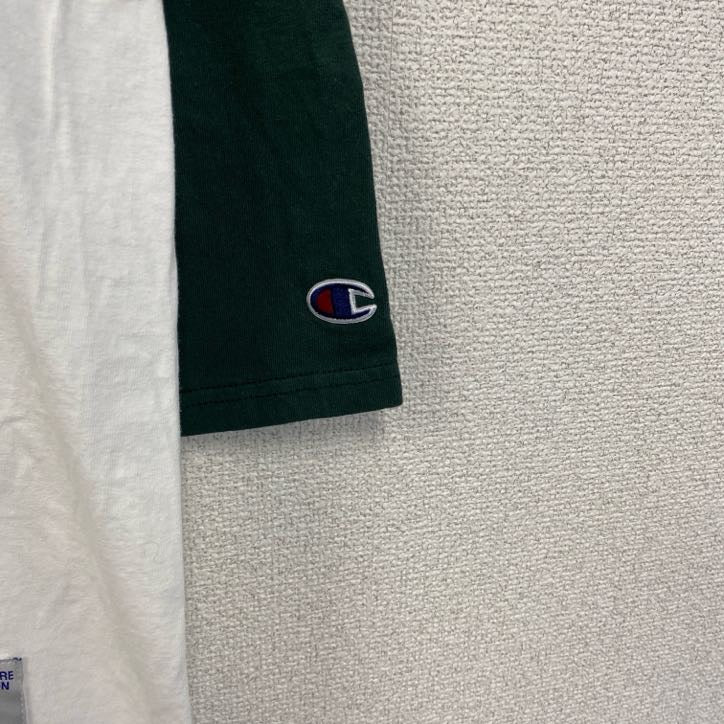古着 used　champion チャンピオン　長袖七分袖Tシャツ　緑　白　バイカラー　ノームコア　クルーネック　Mサイズ
