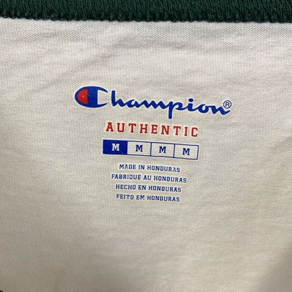 古着 used　champion チャンピオン　長袖七分袖Tシャツ　緑　白　バイカラー　ノームコア　クルーネック　Mサイズ