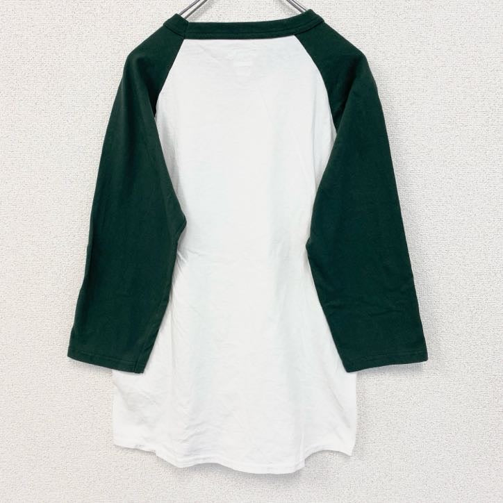 古着 used　champion チャンピオン　長袖七分袖Tシャツ　緑　白　バイカラー　ノームコア　クルーネック　Mサイズ