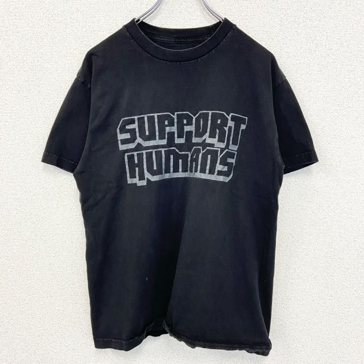 SUPPORT HUMANS　半袖プリントTシャツ　英字プリント　ドロップシャドウ　クルーネック　黒　ブラック　Mサイズ