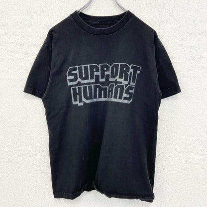SUPPORT HUMANS　半袖プリントTシャツ　英字プリント　ドロップシャドウ　クルーネック　黒　ブラック　Mサイズ