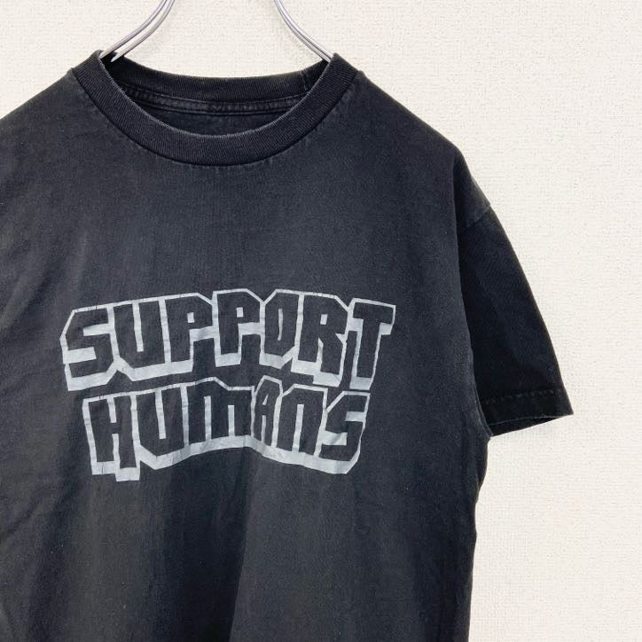 SUPPORT HUMANS　半袖プリントTシャツ　英字プリント　ドロップシャドウ　クルーネック　黒　ブラック　Mサイズ