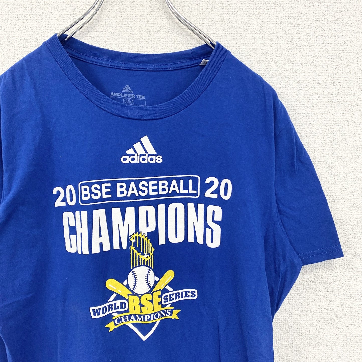 古着 used　adidas アディダス　半袖プリントTシャツ　野球　クルーネック　レトロデザイン　青　ブルー　Mサイズ
