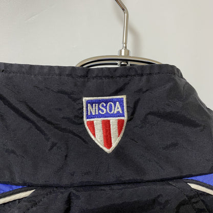 古着 used　NISOA　長袖デザインナイロンジャケット　ジップアップ　ワンポイントロゴ刺繍　ハイネック　黒　紫　Lサイズ