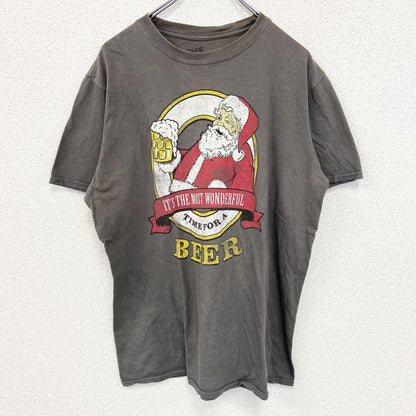 古着 used　GAME ON ゲーム オン　半袖プリントTシャツ　サンタ　ビール　カジュアルデザイン　レトロ　薄茶色　Lサイズ