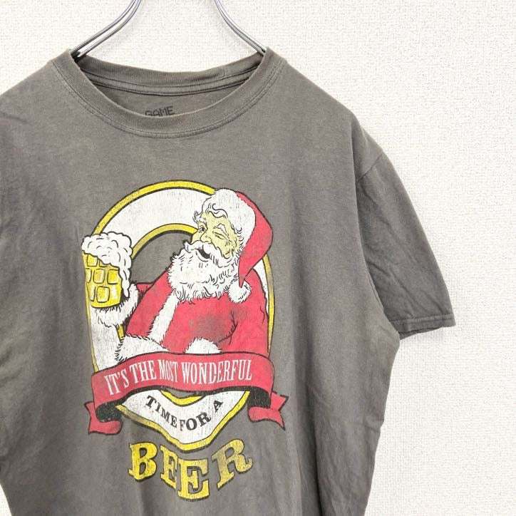 古着 used　GAME ON ゲーム オン　半袖プリントTシャツ　サンタ　ビール　カジュアルデザイン　レトロ　薄茶色　Lサイズ