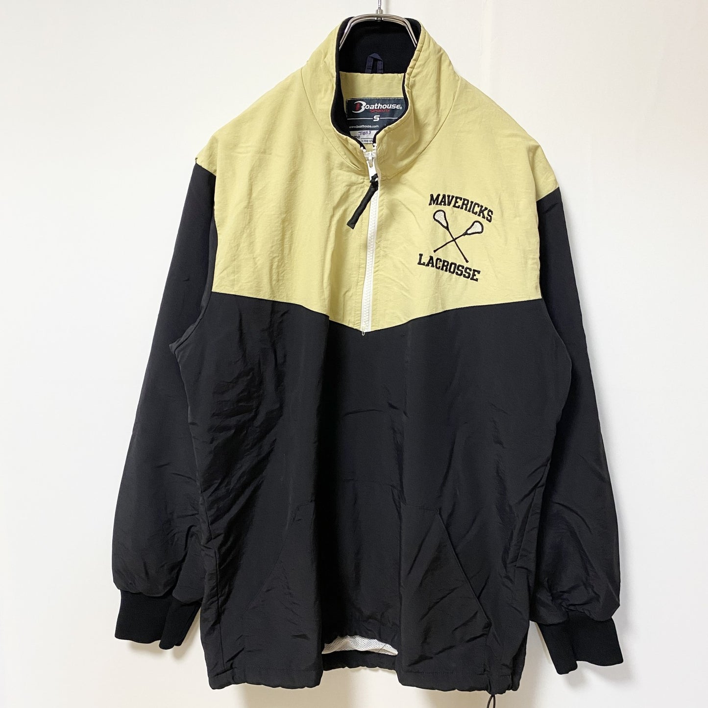古着 used　Boathouse　長袖ハーフジップナイロンプルオーバー　ラクロス　レトロ　ハイネック　黒　ベージュ　Sサイズ