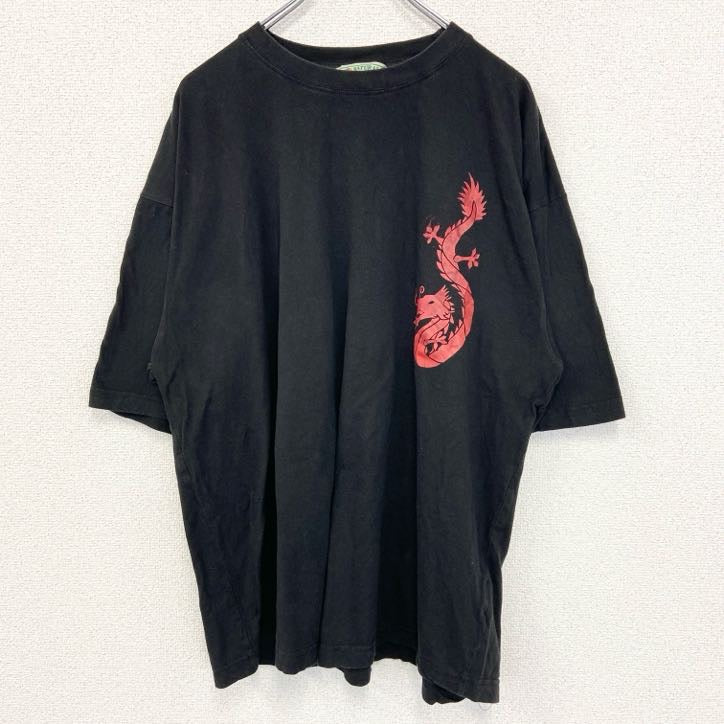 古着 used　NATIONAL OPTION　半袖プリントTシャツ　ドラゴン　龍　レトロ　春夏服　黒　クルーネック　XLサイズ
