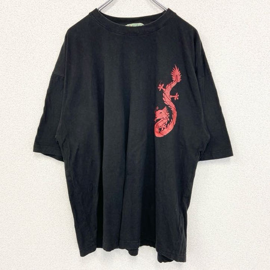 古着 used　NATIONAL OPTION　半袖プリントTシャツ　ドラゴン　龍　レトロ　春夏服　黒　クルーネック　XLサイズ