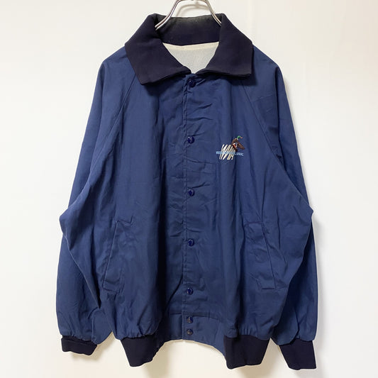 古着 used　Badger Jackets　長袖アニマル刺繍ジャケット　バックデザイン　ブルゾン　ネイビー　紺　レトロ　Mサイズ