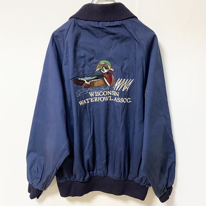 古着 used　Badger Jackets　長袖アニマル刺繍ジャケット　バックデザイン　ブルゾン　ネイビー　紺　レトロ　Mサイズ