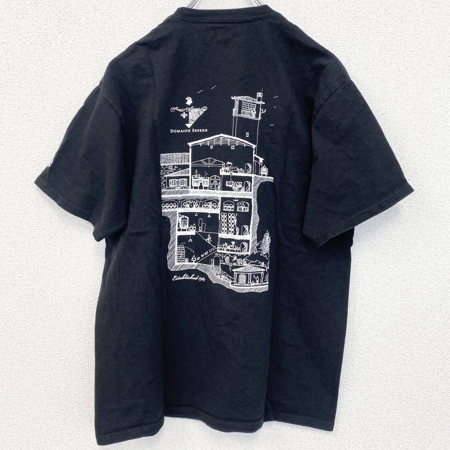 古着 used　champion　チャンピオン　半袖プリントTシャツ　ドメーヌ・セリーヌ　レトロ　ブラック　黒　Mサイズ