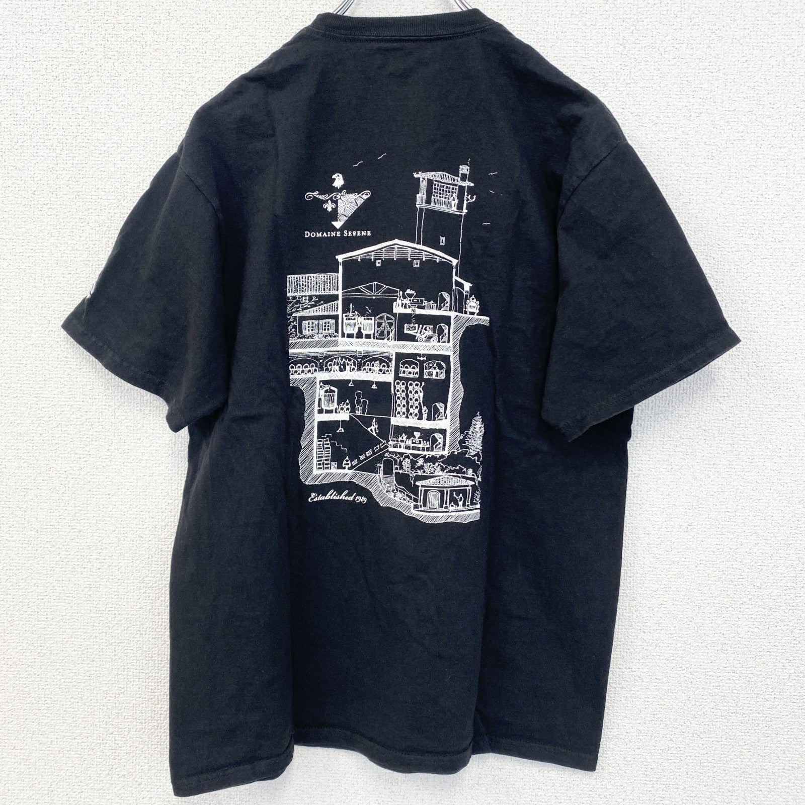 古着 used　champion　チャンピオン　半袖プリントTシャツ　ドメーヌ・セリーヌ　レトロ　ブラック　黒　Mサイズ
