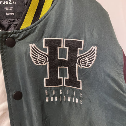 古着 used　HUSTLE WORDWIDE　長袖ナイロンスタジャン　刺繍　ワッペン　アウター　レトロデザイン　Lサイズ