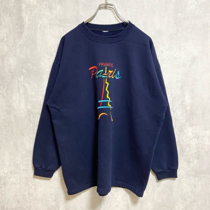 ～90s　ロゴ刺繍スウェット/トレーナー　ヴィンテージ　フランス　パリ　エッフェル塔　ネイビー　秋冬服　Lサイズ