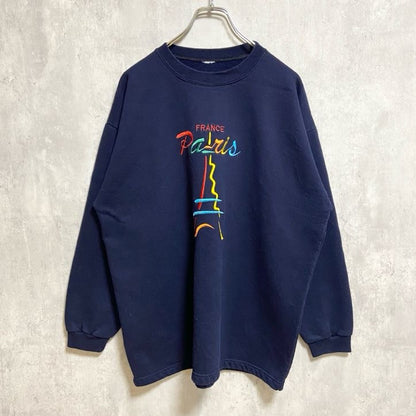 ～90s　ロゴ刺繍スウェット/トレーナー　ヴィンテージ　フランス　パリ　エッフェル塔　ネイビー　秋冬服　Lサイズ