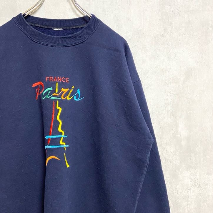 ～90s　ロゴ刺繍スウェット/トレーナー　ヴィンテージ　フランス　パリ　エッフェル塔　ネイビー　秋冬服　Lサイズ