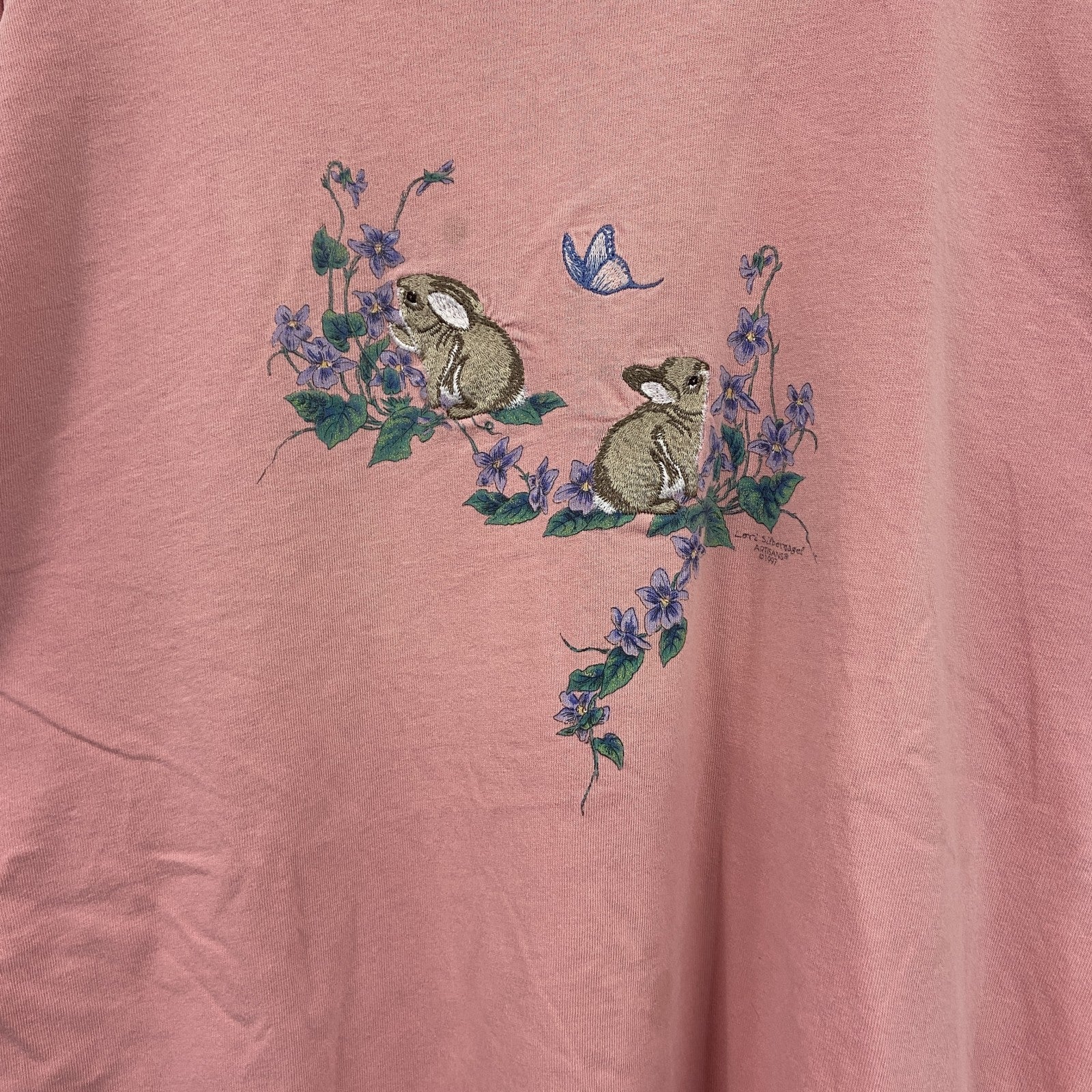 90s　Artisans　半袖Tシャツ　刺繡　ヴィンテージ　シングルステッチ　ピンク　Lサイズ