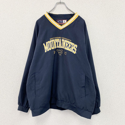 Cadre　プルオーバージャケット　アーチプリント　カレッジロゴ　3連プリント　刺繍ロゴ　ビッグシルエット　紺　ネイビー　Lサイズ
