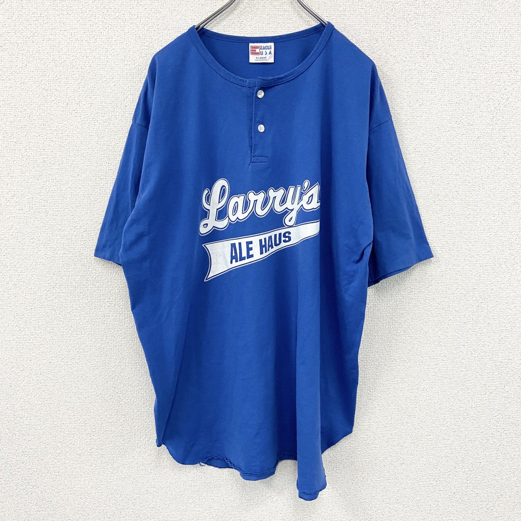 90s　EAGLE USA　ベンジャミンフランクリン　beer is proof　半袖プリントヘンリーネックゲームＴシャツ　シングルステッチ　ヴィンテージ　青　ブルー　XLサイズ