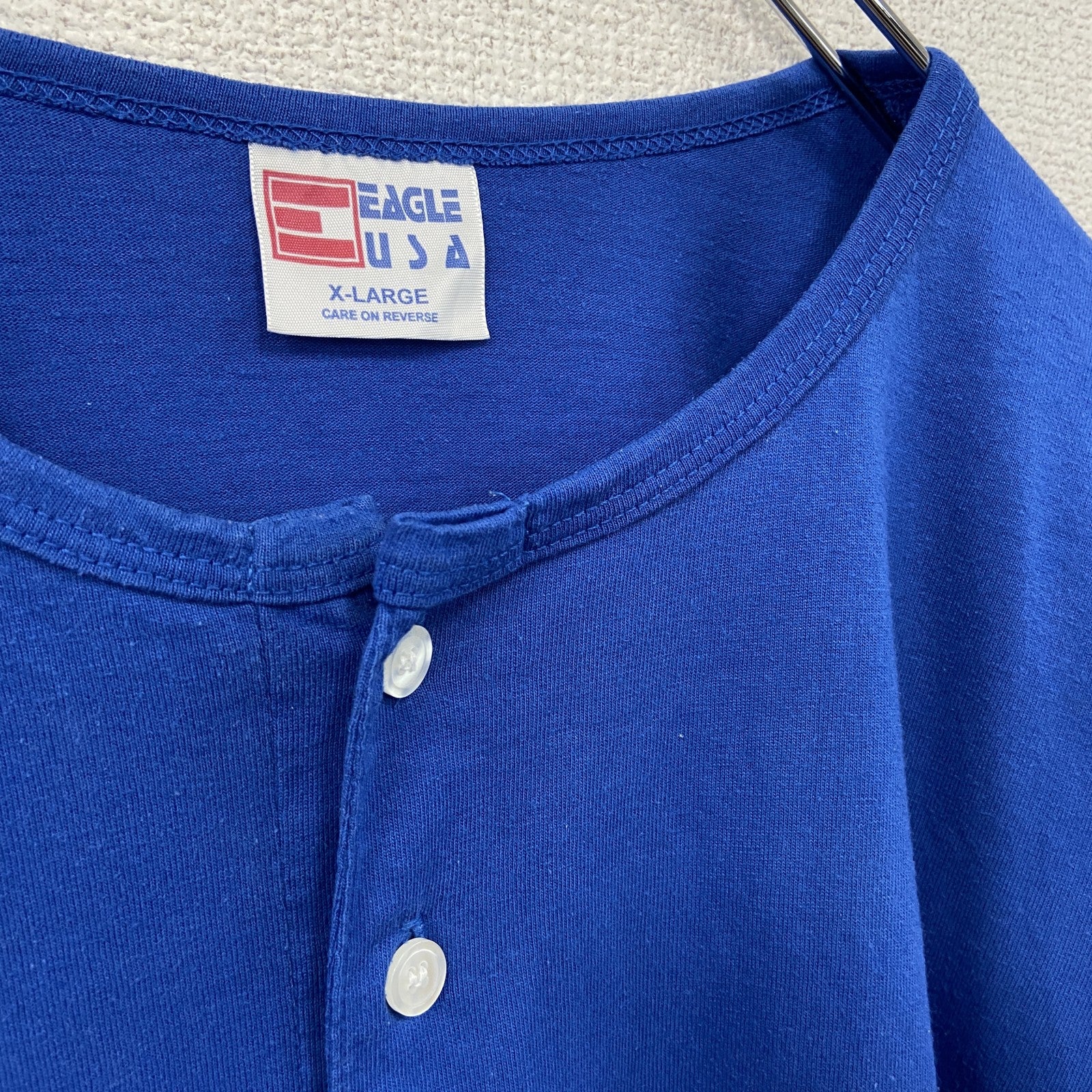 90s　EAGLE USA　ベンジャミンフランクリン　beer is proof　半袖プリントヘンリーネックゲームＴシャツ　シングルステッチ　ヴィンテージ　青　ブルー　XLサイズ