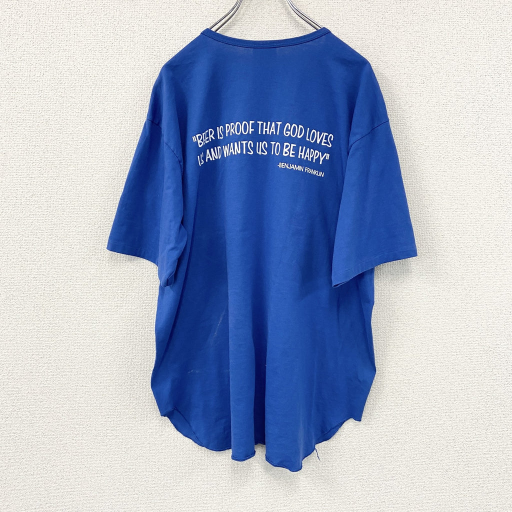 90s　EAGLE USA　ベンジャミンフランクリン　beer is proof　半袖プリントヘンリーネックゲームＴシャツ　シングルステッチ　ヴィンテージ　青　ブルー　XLサイズ
