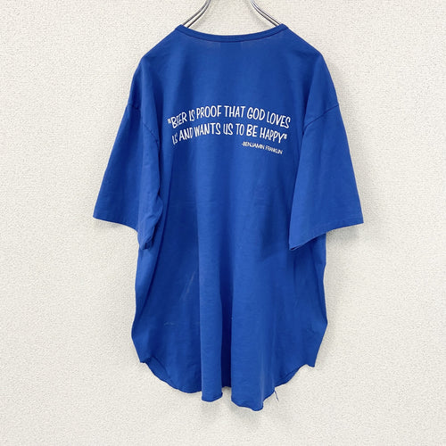 90s　EAGLE USA　ベンジャミンフランクリン　beer is proof　半袖プリントヘンリーネックゲームＴシャツ　シングルステッチ　ヴィンテージ　青　ブルー　XLサイズ