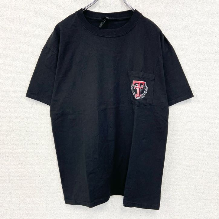 古着 used　Hanes ヘインズ　半袖胸ポケット付きカレッジTシャツ　バックプリント　テキサス工科大学　黒　ブラック　Mサイズ