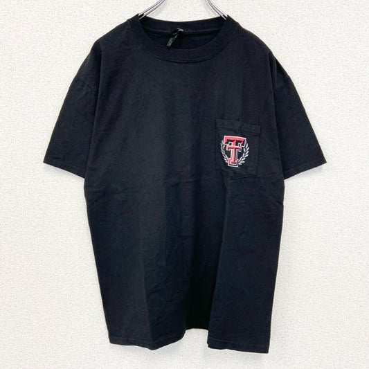 古着 used　Hanes ヘインズ　半袖胸ポケット付きカレッジTシャツ　バックプリント　テキサス工科大学　黒　ブラック　Mサイズ