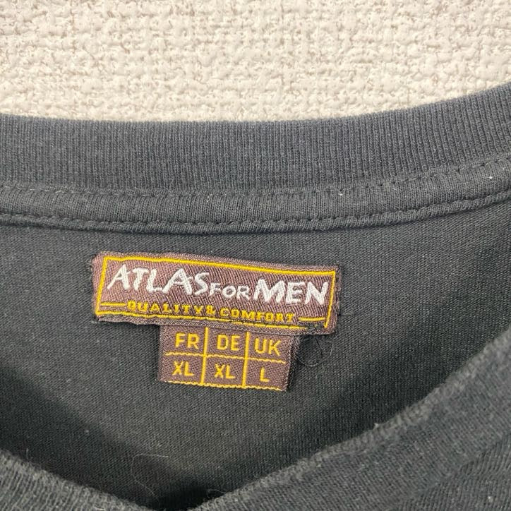 古着 used　ATLAS FOR MEN　半袖ワンポイント刺繍Tシャツ　ワッペン　レトロデザイン　ブラック　黒　XLサイズ