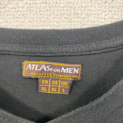 古着 used　ATLAS FOR MEN　半袖ワンポイント刺繍Tシャツ　ワッペン　レトロデザイン　ブラック　黒　XLサイズ