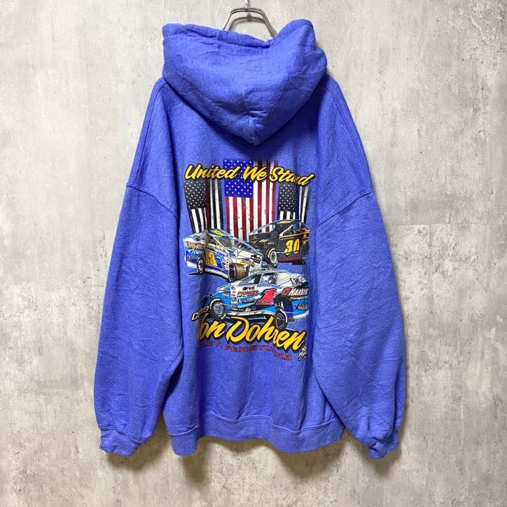 古着 used　CRAIG VON DOHREN　長袖プリントパーカー　バックプリント　カーレース　水色　レトロデザイン