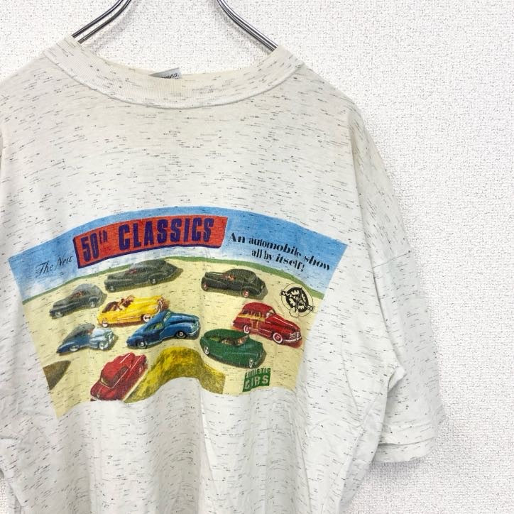古着 used　CRAZY LIFE　半袖プリントTシャツ　クラシックカー　車　旧車　クルーネック　レトロデザイン　白　Lサイズ