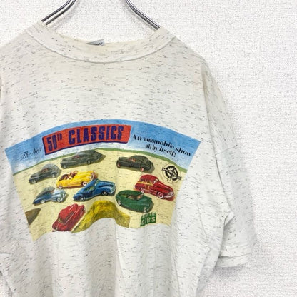 古着 used　CRAZY LIFE　半袖プリントTシャツ　クラシックカー　車　旧車　クルーネック　レトロデザイン　白　Lサイズ