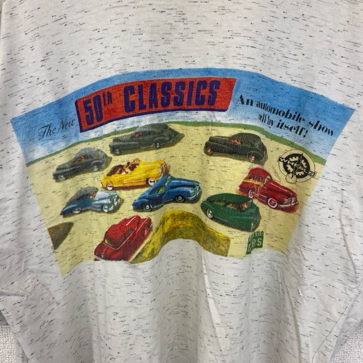古着 used　CRAZY LIFE　半袖プリントTシャツ　クラシックカー　車　旧車　クルーネック　レトロデザイン　白　Lサイズ