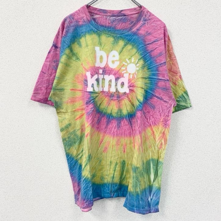 古着 used　半袖タイダイ柄プリントTシャツ　be kind　カラフル　レトロデザイン　クルーネック　ピンク　黄色　青　総柄