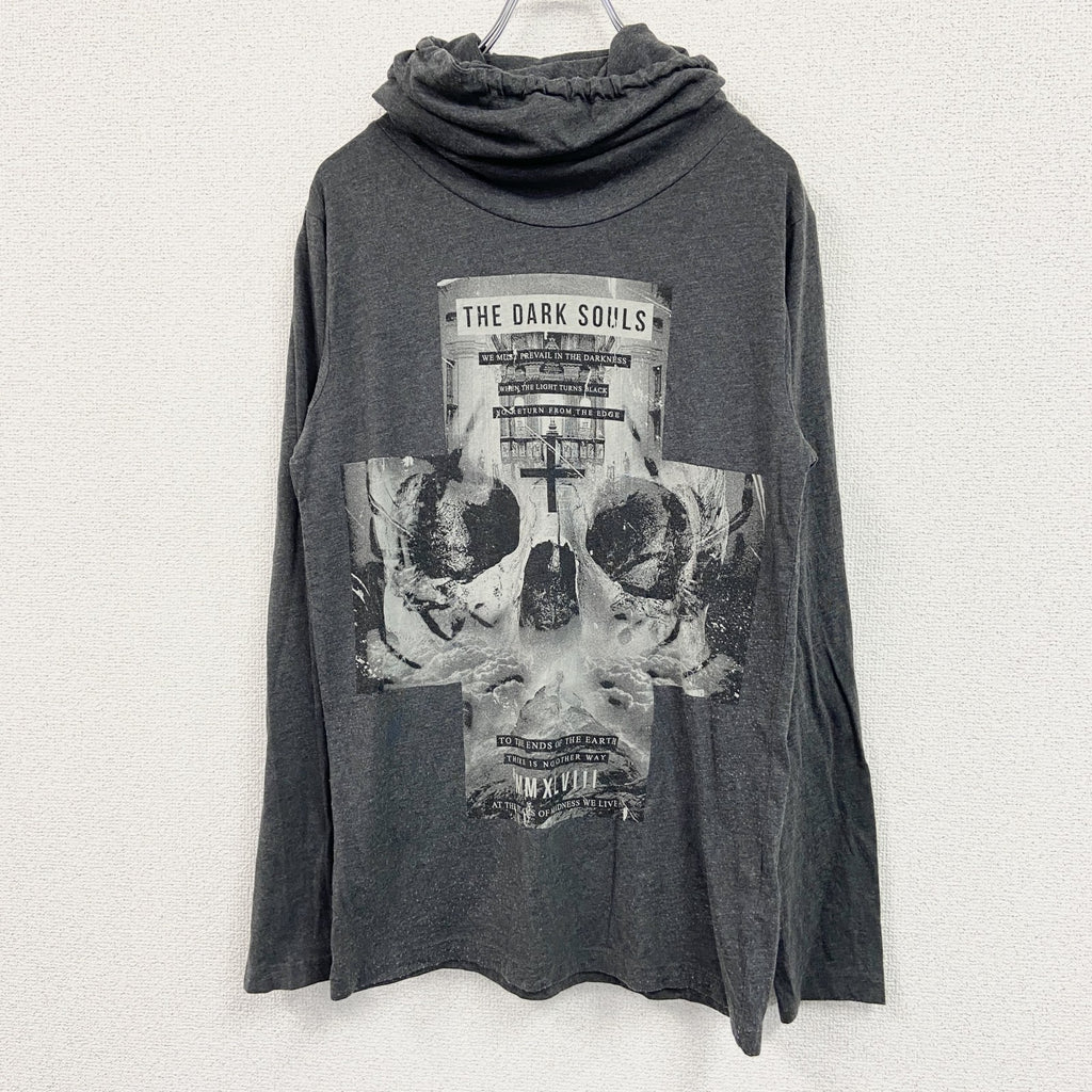 長袖プリントTシャツ　ロンT　ドクロ　スカル　ハイネック　グレー　灰色