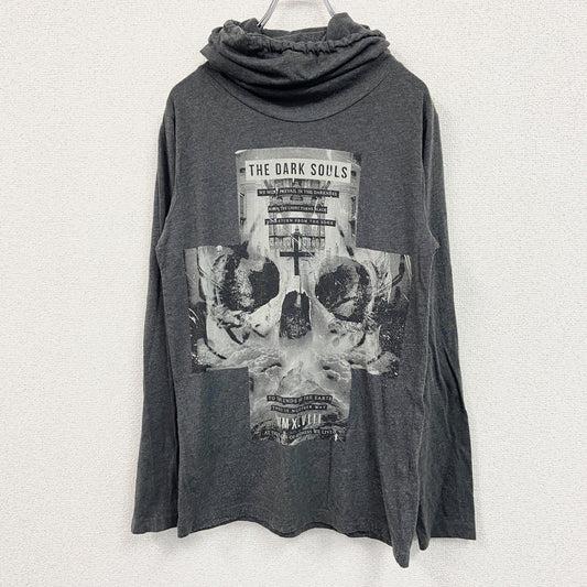 長袖プリントTシャツ　ロンT　ドクロ　スカル　ハイネック　グレー　灰色