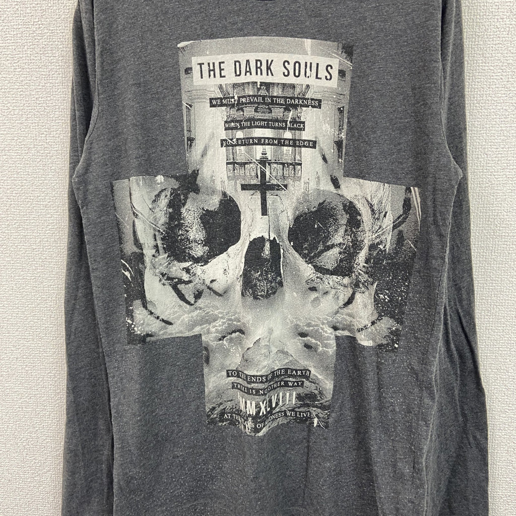長袖プリントTシャツ　ロンT　ドクロ　スカル　ハイネック　グレー　灰色