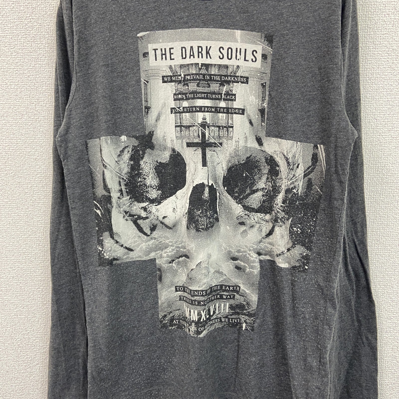 長袖プリントTシャツ　ロンT　ドクロ　スカル　ハイネック　グレー　灰色