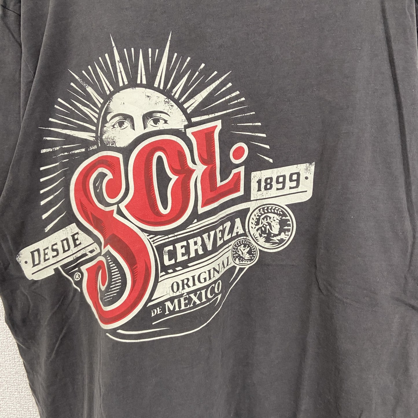 古着 used　ノーブランド　半袖プリントTシャツ　クルーネック　太陽　メキシコ　レトロデザイン　灰色　グレー　XLサイズ