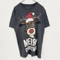 古着 used　DESIGNED BY F&F　半袖プリントTシャツ　クルーネック　トナカイ　クリスマス　グレー　レトロ　Mサイズ