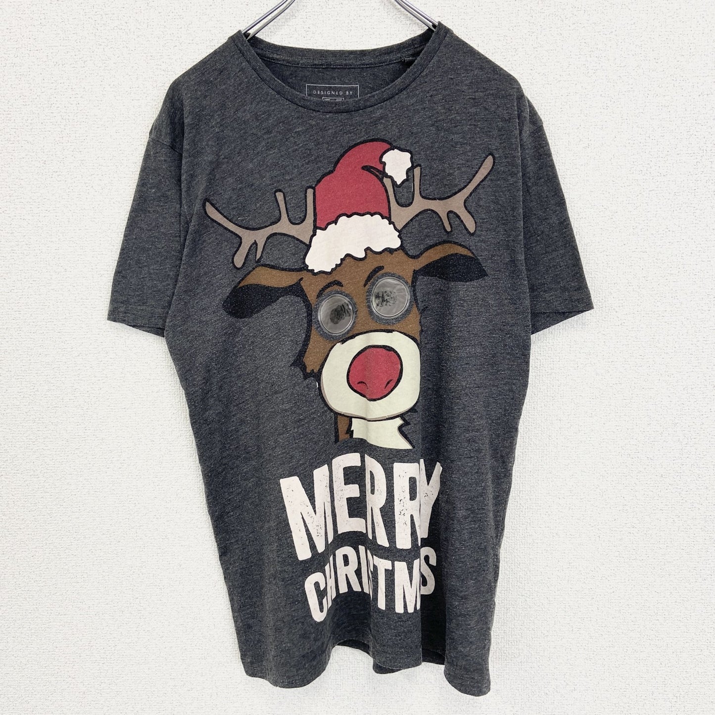 古着 used　DESIGNED BY F&F　半袖プリントTシャツ　クルーネック　トナカイ　クリスマス　グレー　レトロ　Mサイズ